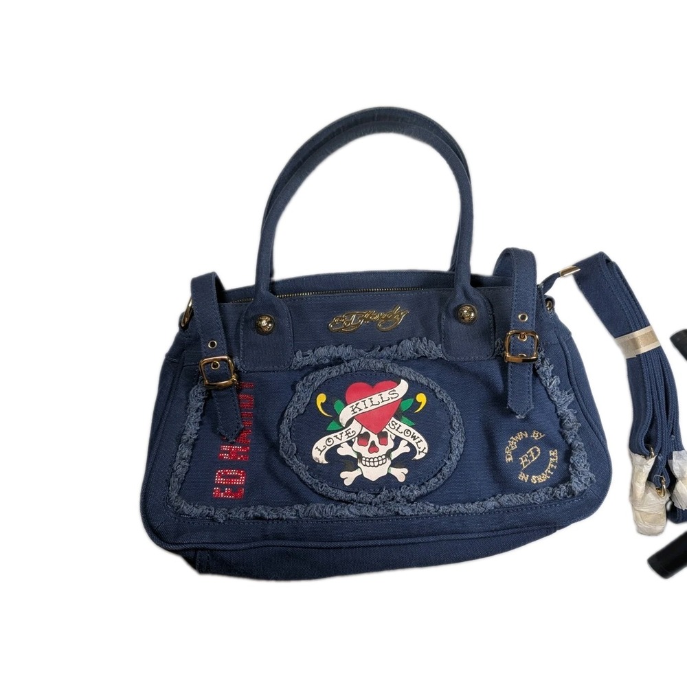 Ed Hardy Y2K Vintage Blue Canvas Tattoo Rose Embroidered 2Way Satchel Tote Bag